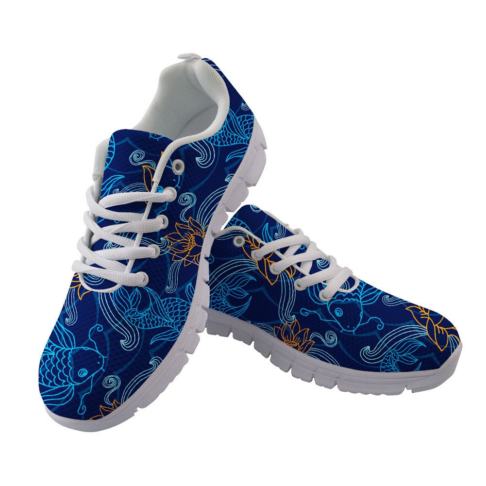 Outline Blue Fishes And Orange Flower On Dark Blue Background Design Running Shoes Sport Sneakers