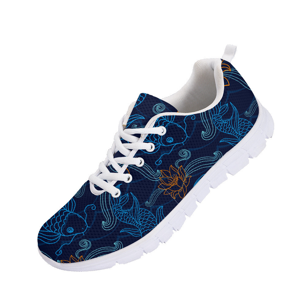 Outline Blue Fishes And Orange Flower On Dark Blue Background Design Running Shoes Sport Sneakers