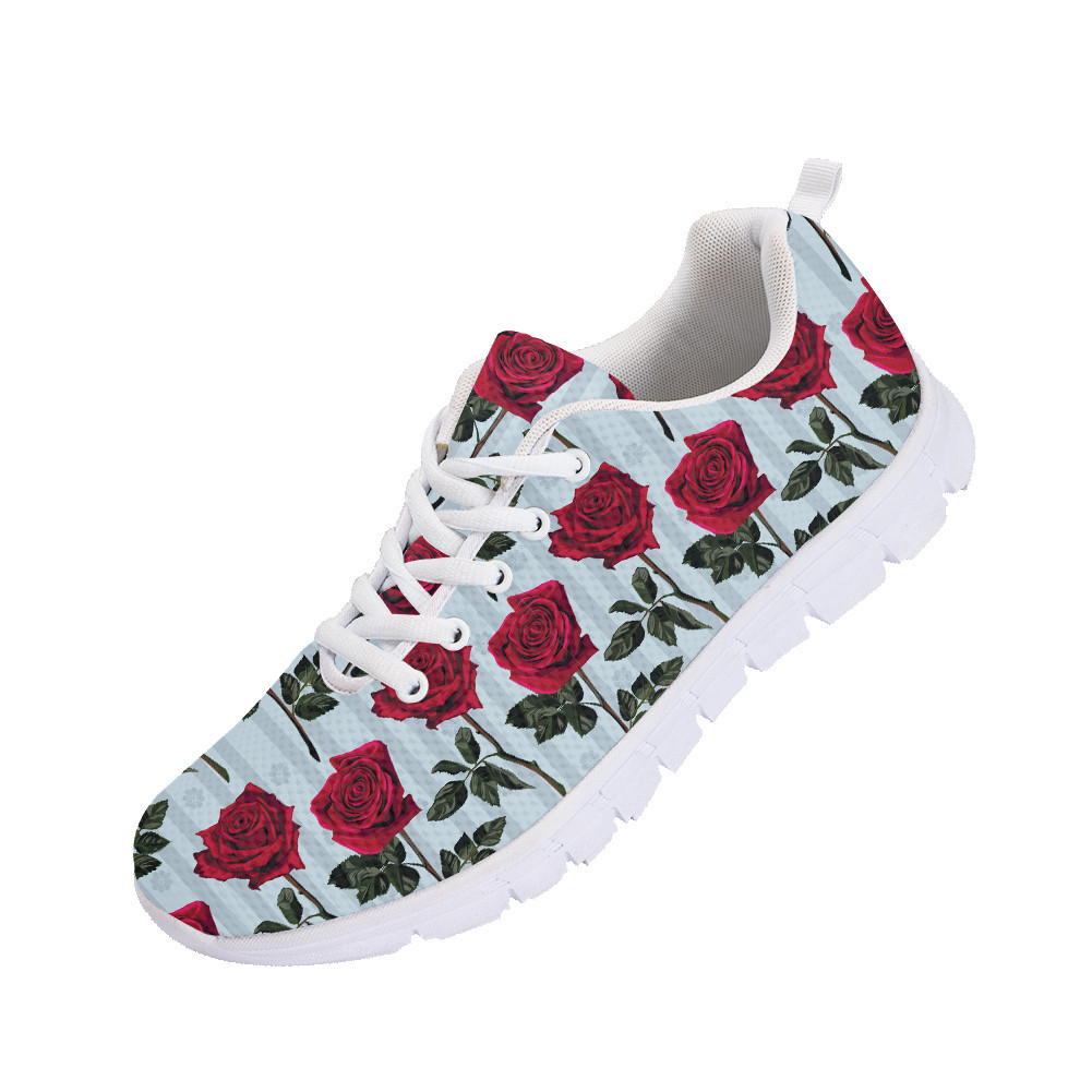 Pattern Of Red Flowers Roses And Leaves On Striped Background Running Shoes Sport Sneakers