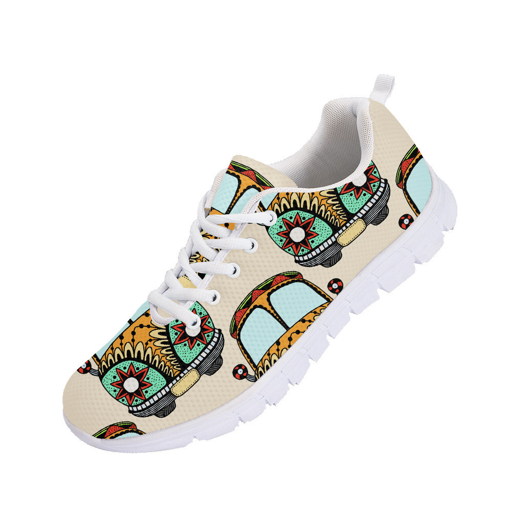 Pattern Of Vintage Car With Flowers Of Hippie Movement Running Shoes Sport Sneakers