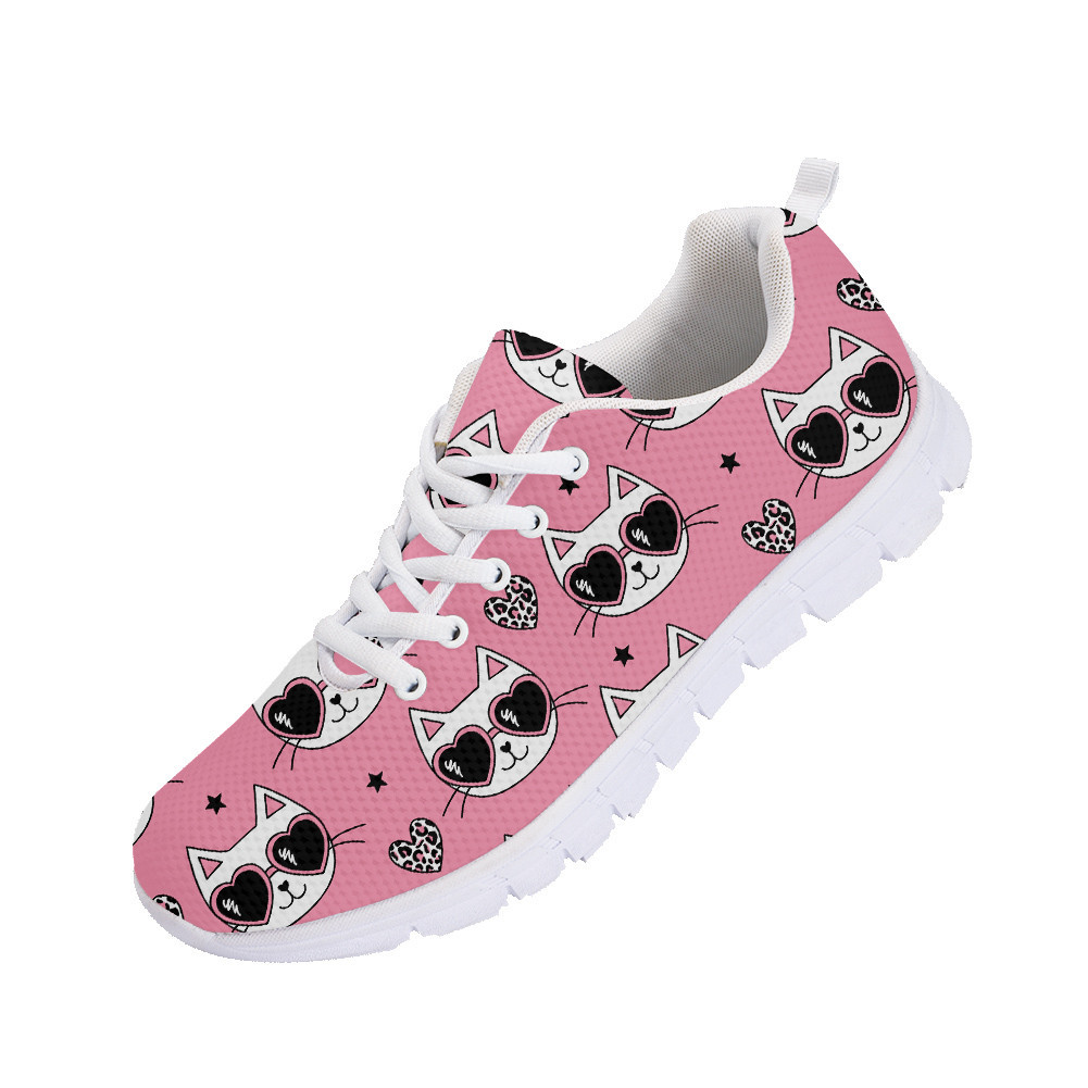 Pink Leopard Skin Heart With And Stars Cat Face Cartoon Running Shoes Sport Sneakers