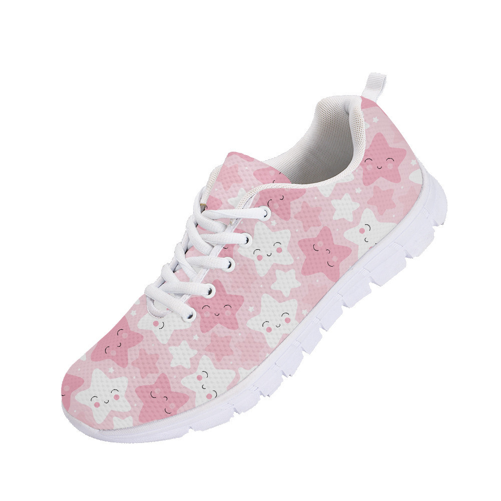 Pastel Pink And White Star Smiling Faces Pattern Running Shoes Sport Sneakers