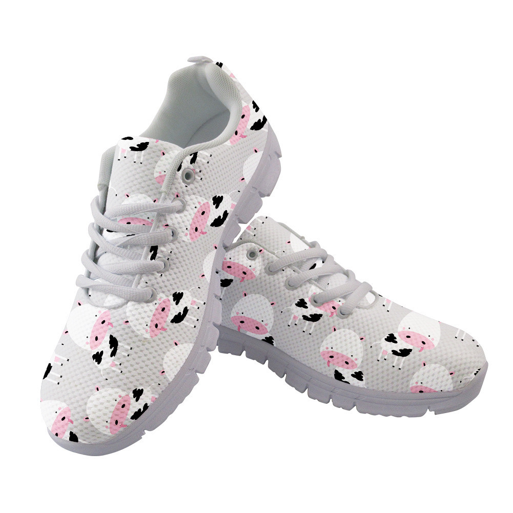 Pink Cartoon Face Of Cow On Yellow Running Shoes Sport Sneakers