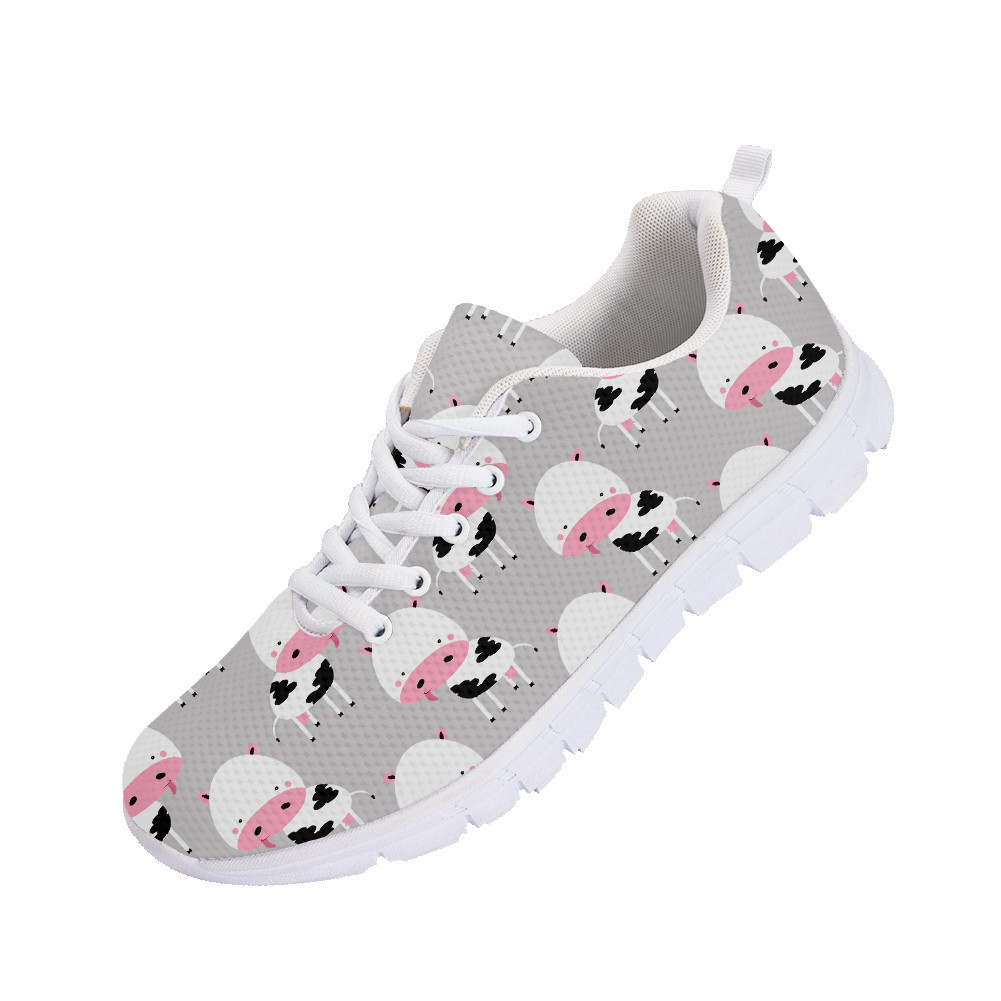 Pink Cartoon Face Of Cow On Yellow Running Shoes Sport Sneakers